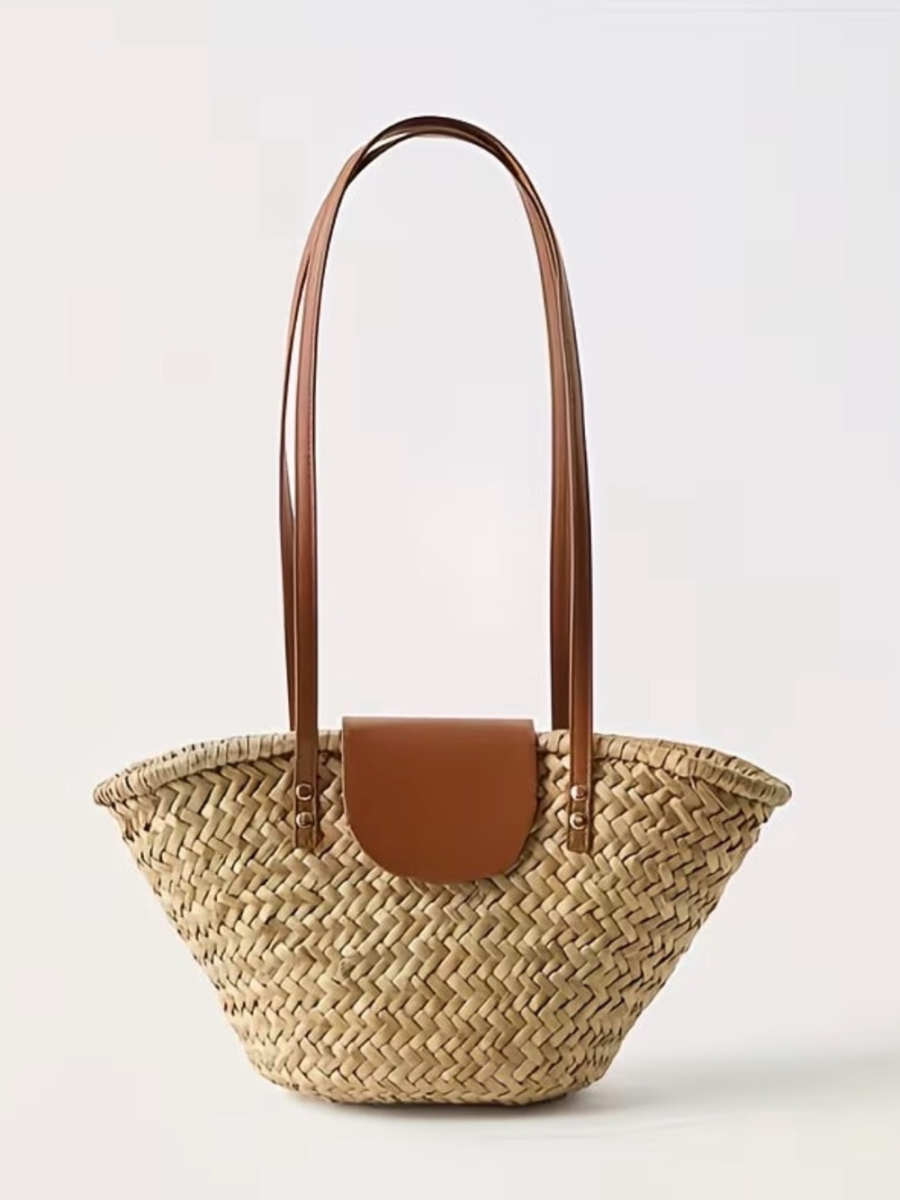 Woven Straw Tote with Brown Leather Trim